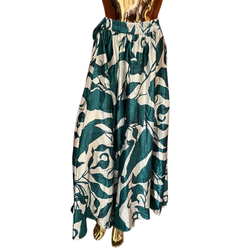 Emerald Leaf Print Maxi Skirt